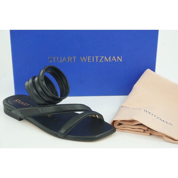 Stuart Weitzman Beatrix Black Leather Ankle Flat Wrap Sandals Size 5.5 NIB - Picture 1 of 11